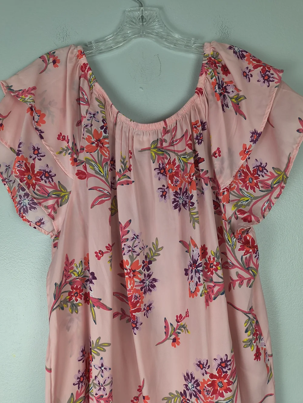 Terra & Sky Top Women's 1X Pink Purple On Off Shoulder Peasant Floral Ruffle
